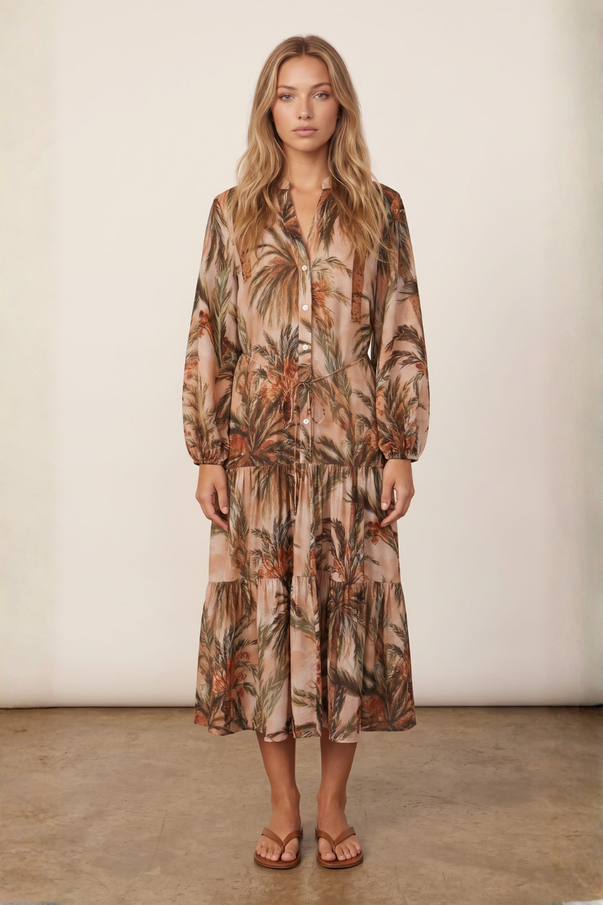 Palm Print Tiered Dress