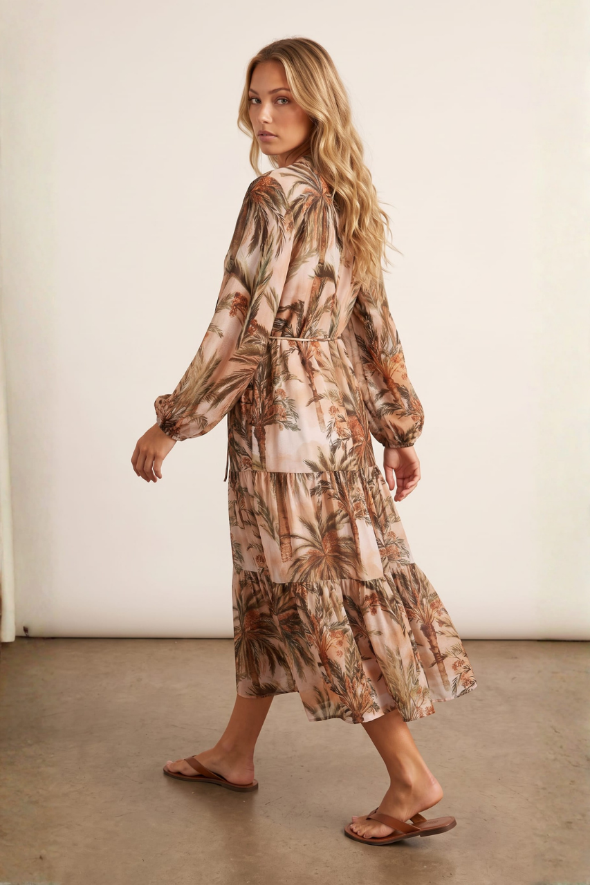 Palm Print Tiered Dress