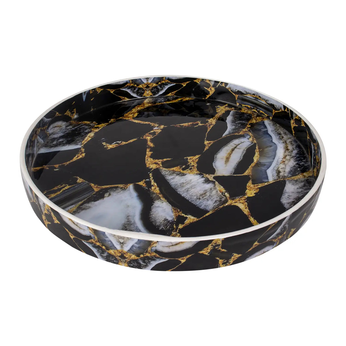 Round Resin Inlay Tray Black, Gold & Smoky Grey Marble 12"