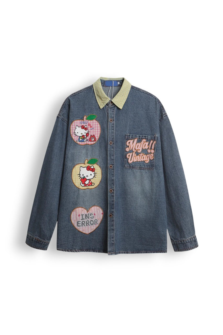 Hello Kitty Embroidery Oversized Denim Shirt