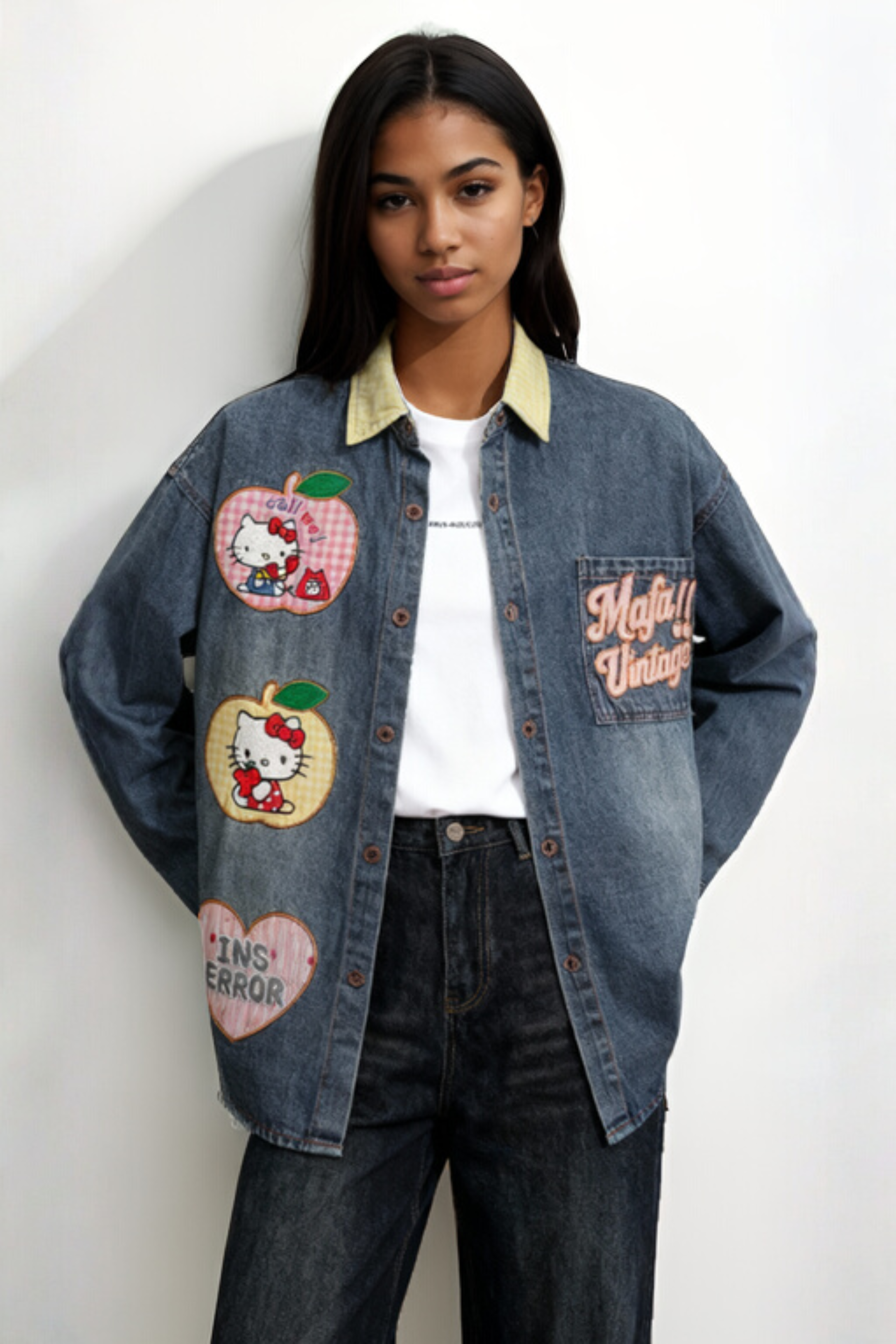 Hello Kitty Embroidery Oversized Denim Shirt