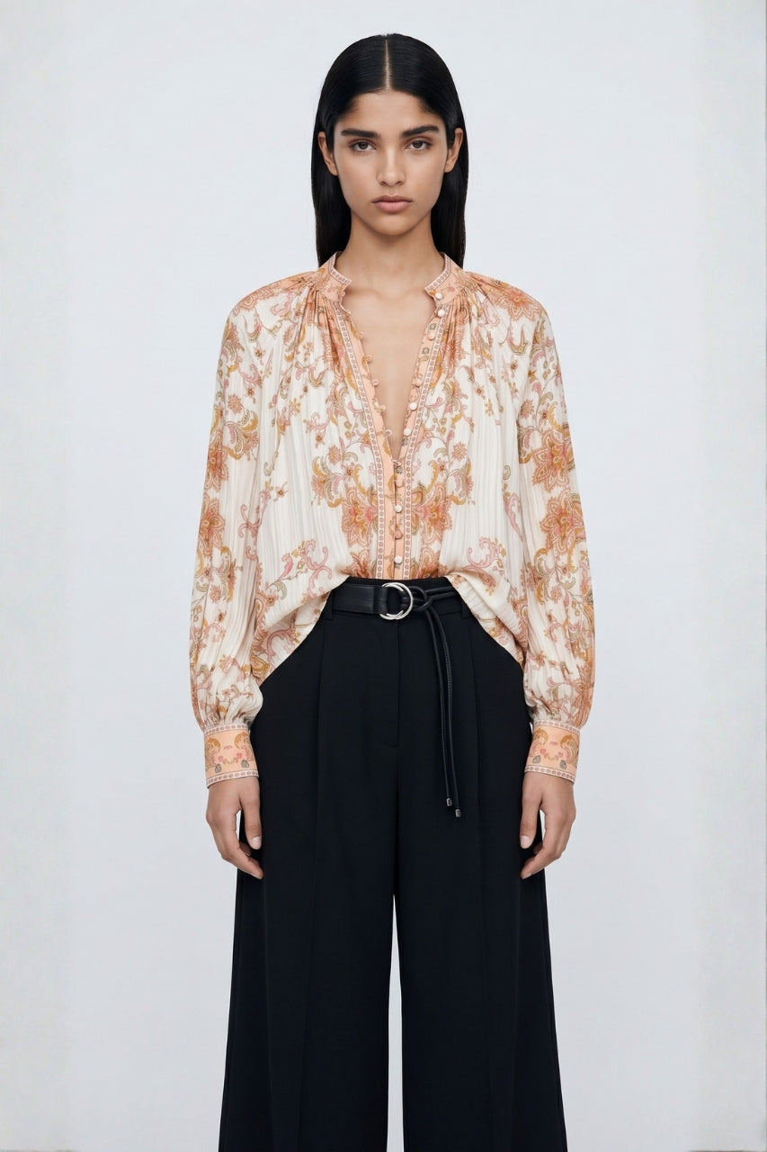 Collar Pleated Printed Blouse