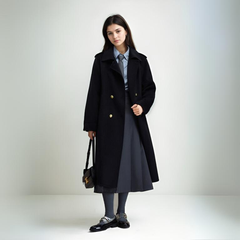 Wednesday Addams Inspired 100% Wool Double-Sided Trench Coat