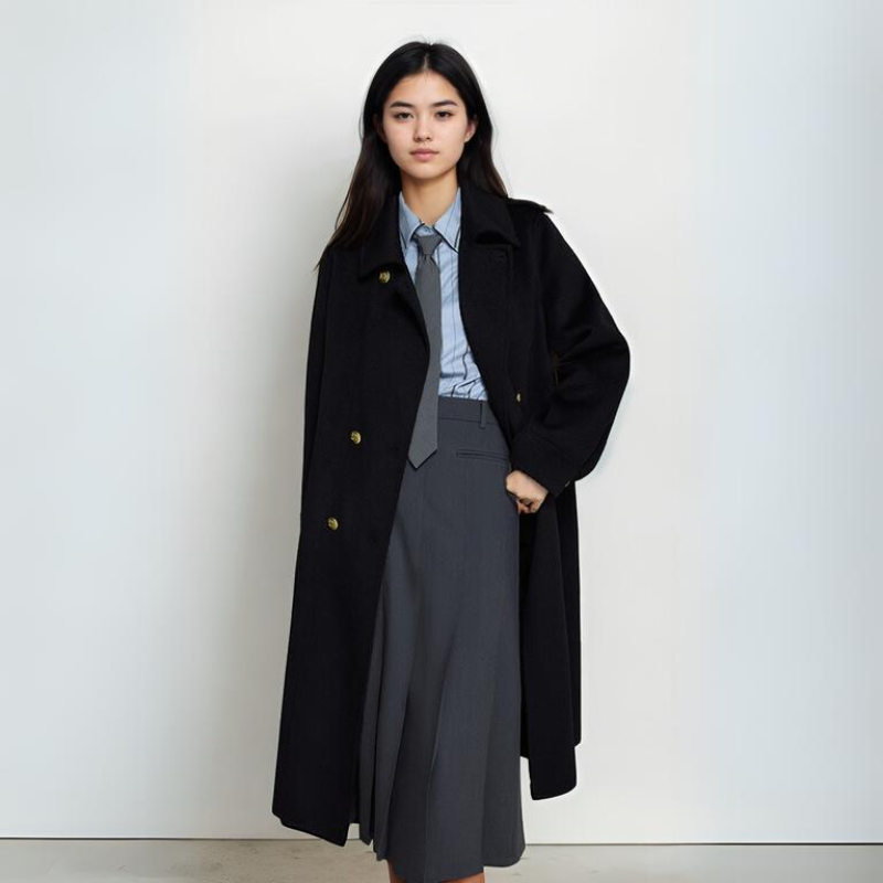 Wednesday Addams Inspired 100% Wool Double-Sided Trench Coat