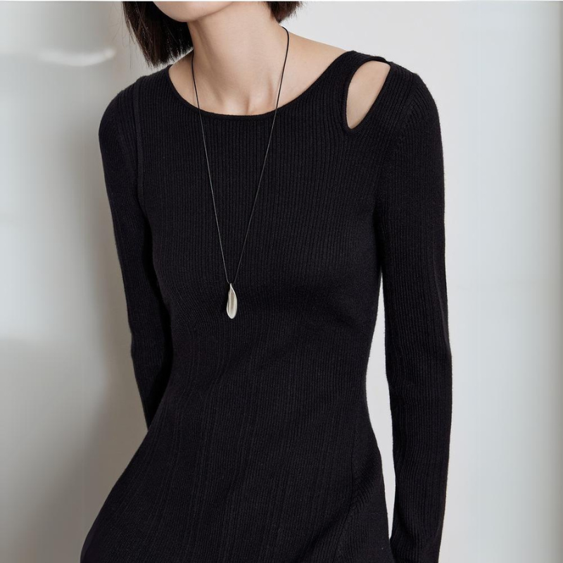 Morticia Addams Inspired Off-Shoulder Black Knit Dress