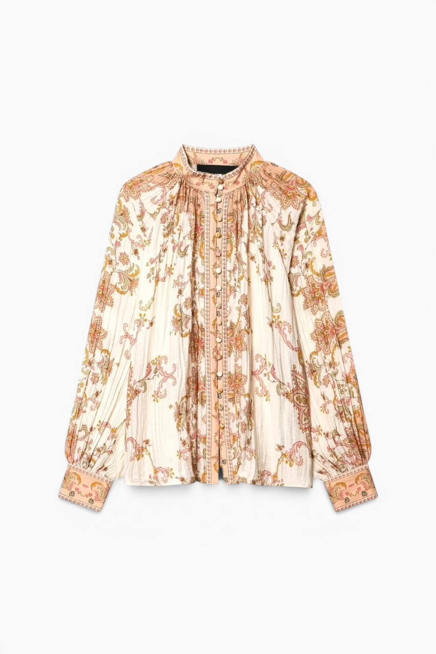 Collar Pleated Printed Blouse